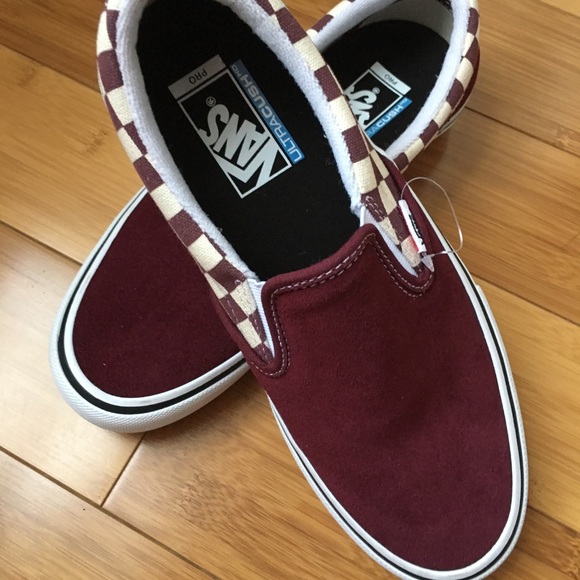 burgundy checkered vans slip ons
